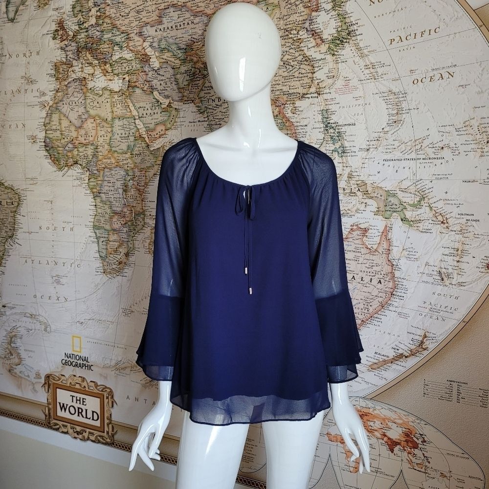 Marled sheer navy blouse front tie closure 3/4 flare sleeves boho witchy fairy S